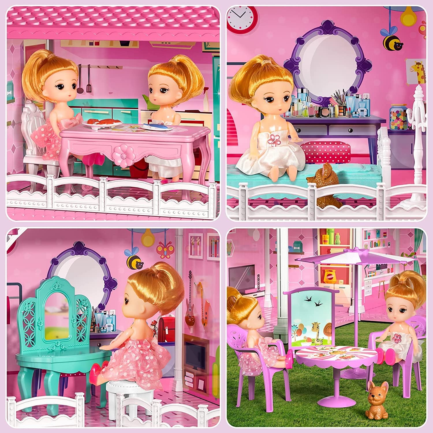 Enchanting Pink Three-Story Dollhouse Set with Slide, 2 Dolls & 4 Adorable Puppies – Perfect Gift for Girls Aged 3 to 8!