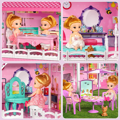 Enchanting Pink Three-Story Dollhouse Set with Slide, 2 Dolls & 4 Adorable Puppies – Perfect Gift for Girls Aged 3 to 8!