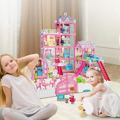 275 Pieces Dollhouse Kit, 11 Rooms DIY Playhouse for Girls Ages 3-8, Pink Castle Christmas Toy Gift for Kids