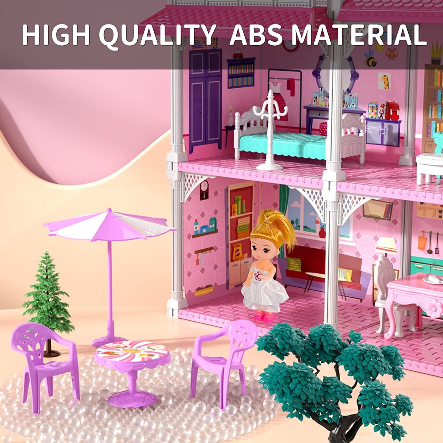 Enchanting Pink Three-Story Dollhouse Set with Slide, 2 Dolls & 4 Adorable Puppies – Perfect Gift for Girls Aged 3 to 8!