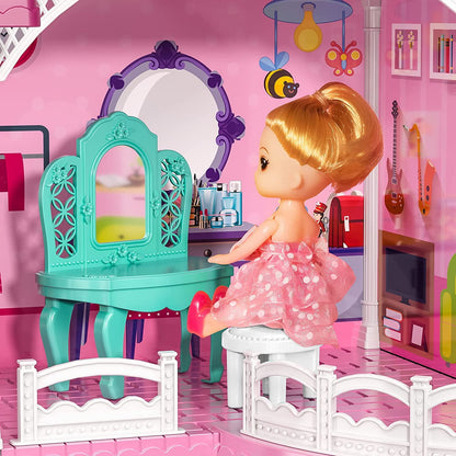 Enchanting Pink Three-Story Dollhouse Set with Slide, 2 Dolls & 4 Adorable Puppies – Perfect Gift for Girls Aged 3 to 8!