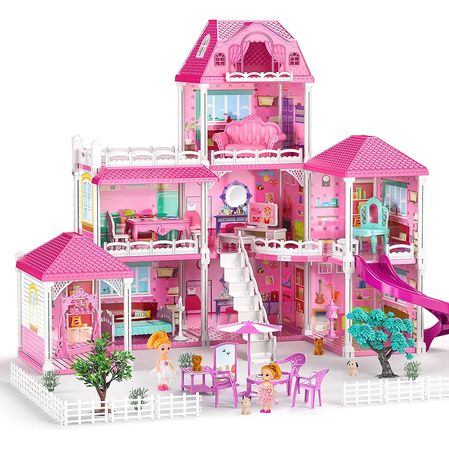 Enchanting Pink Three-Story Dollhouse Set with Slide, 2 Dolls & 4 Adorable Puppies – Perfect Gift for Girls Aged 3 to 8!
