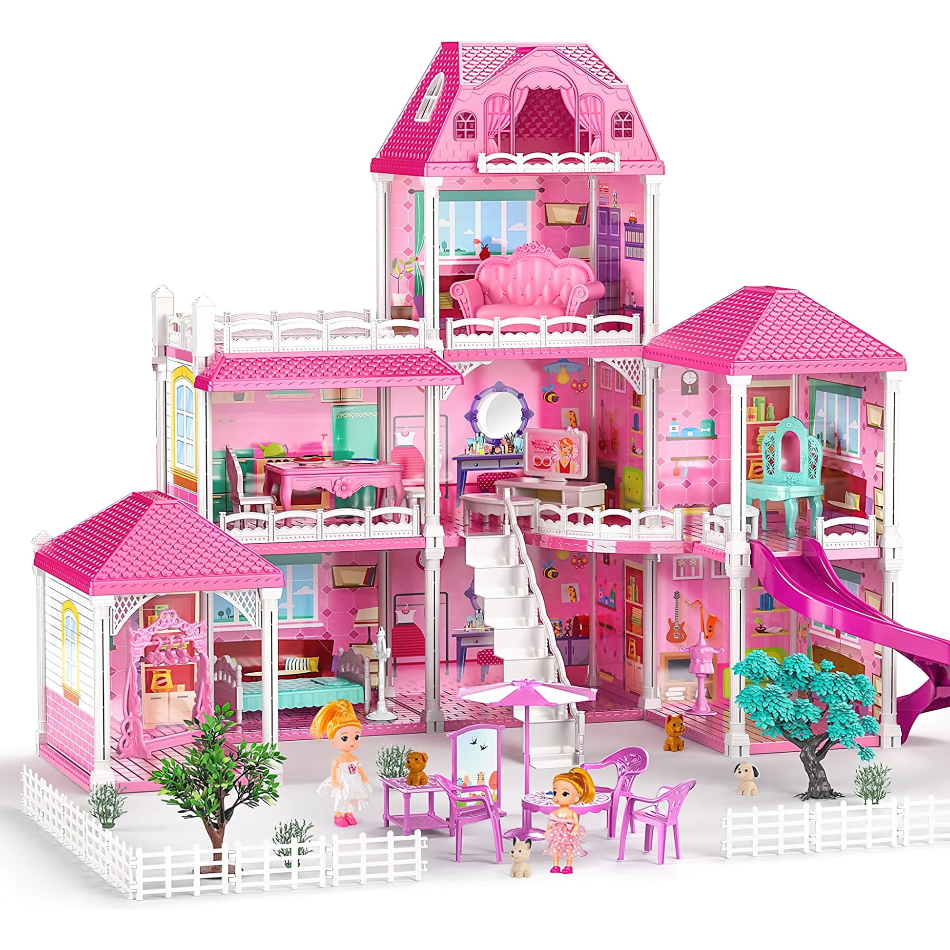 Enchanting Pink Three-Story Dollhouse Set with Slide, 2 Dolls & 4 Adorable Puppies – Perfect Gift for Girls Aged 3 to 8!