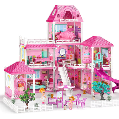 Enchanting Pink Three-Story Dollhouse Set with Slide, 2 Dolls & 4 Adorable Puppies – Perfect Gift for Girls Aged 3 to 8!