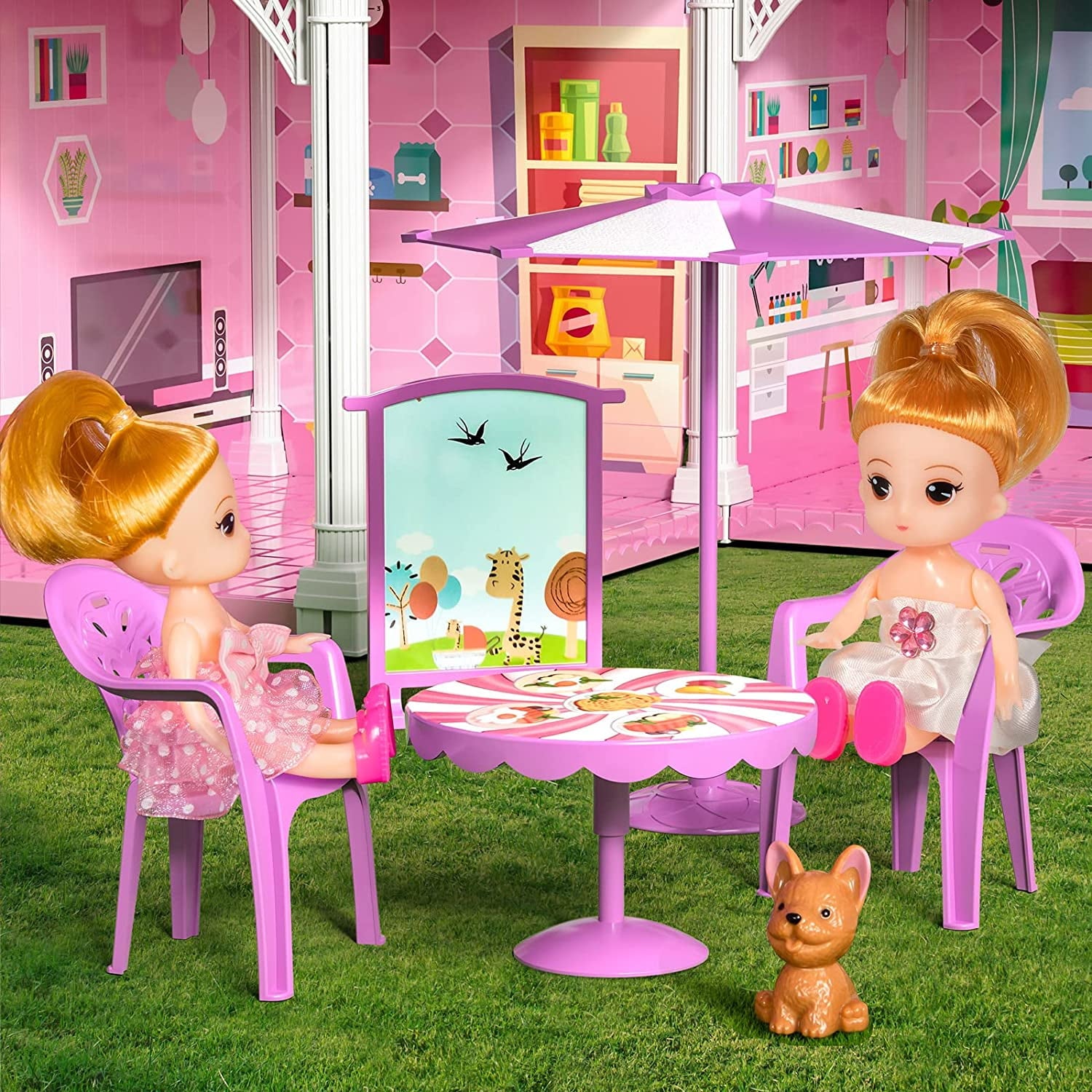 Enchanting Pink Three-Story Dollhouse Set with Slide, 2 Dolls & 4 Adorable Puppies – Perfect Gift for Girls Aged 3 to 8!