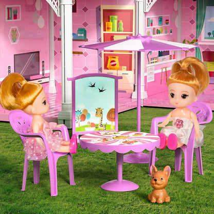 Enchanting Pink Three-Story Dollhouse Set with Slide, 2 Dolls & 4 Adorable Puppies – Perfect Gift for Girls Aged 3 to 8!
