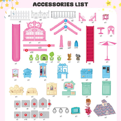 275 Pieces Dollhouse Kit, 11 Rooms DIY Playhouse for Girls Ages 3-8, Pink Castle Christmas Toy Gift for Kids