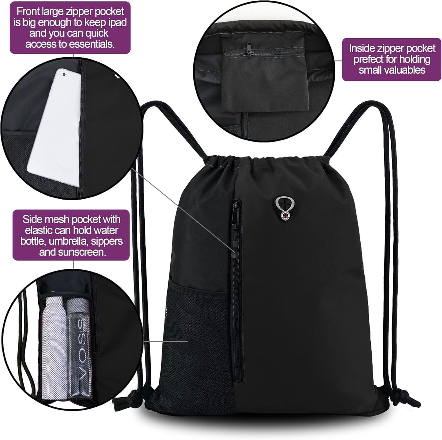 Black Drawstring Backpack Gym Bag for Men Women String Sports Backpack with Water Bottle Mesh Pockets and 2 Zippered Pocket Large Cinch Sackpack Workout Bag 16" X 20"