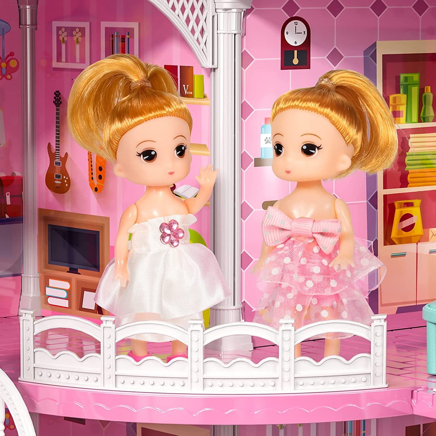 Enchanting Pink Three-Story Dollhouse Set with Slide, 2 Dolls & 4 Adorable Puppies – Perfect Gift for Girls Aged 3 to 8!
