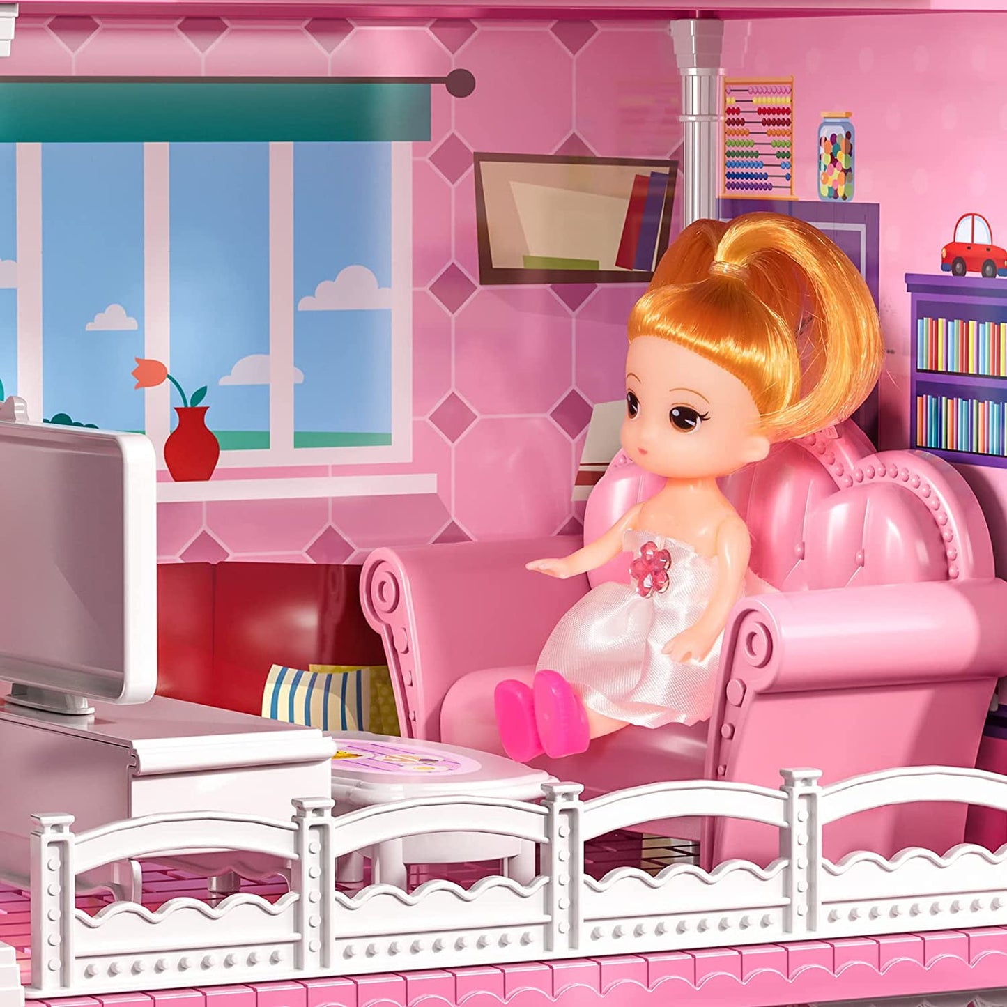 Enchanting Pink Three-Story Dollhouse Set with Slide, 2 Dolls & 4 Adorable Puppies – Perfect Gift for Girls Aged 3 to 8!