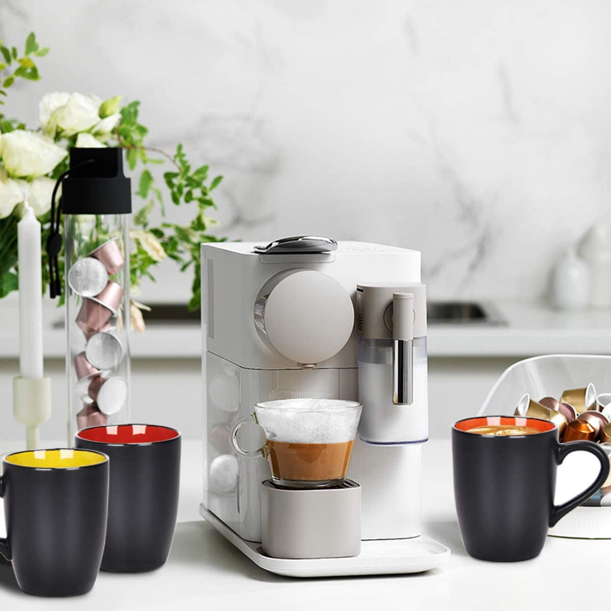 Set of 6 Modern Black Ceramic Coffee Mugs, 16 Ounce Capacity, Perfect for Home Use