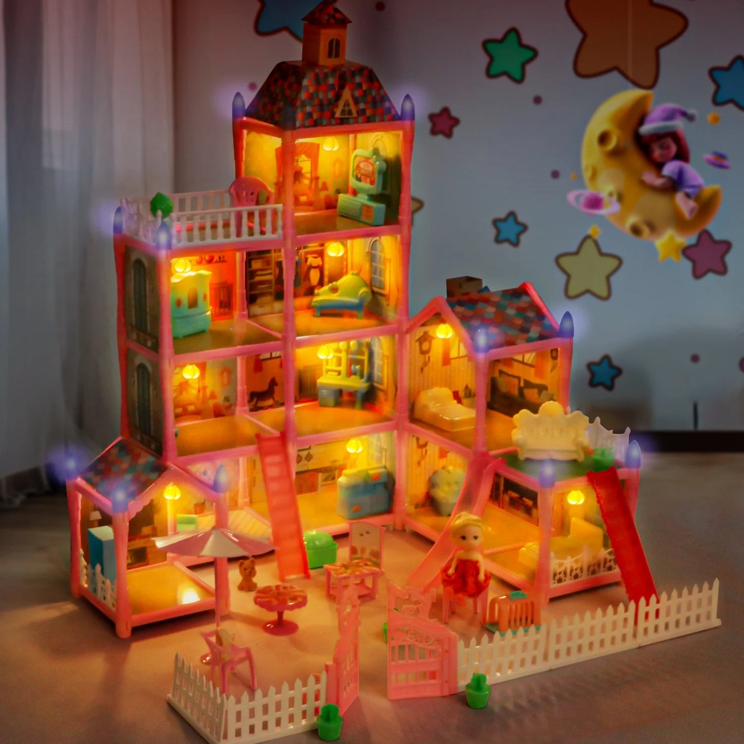 275 Pieces Dollhouse Kit, 11 Rooms DIY Playhouse for Girls Ages 3-8, Pink Castle Christmas Toy Gift for Kids