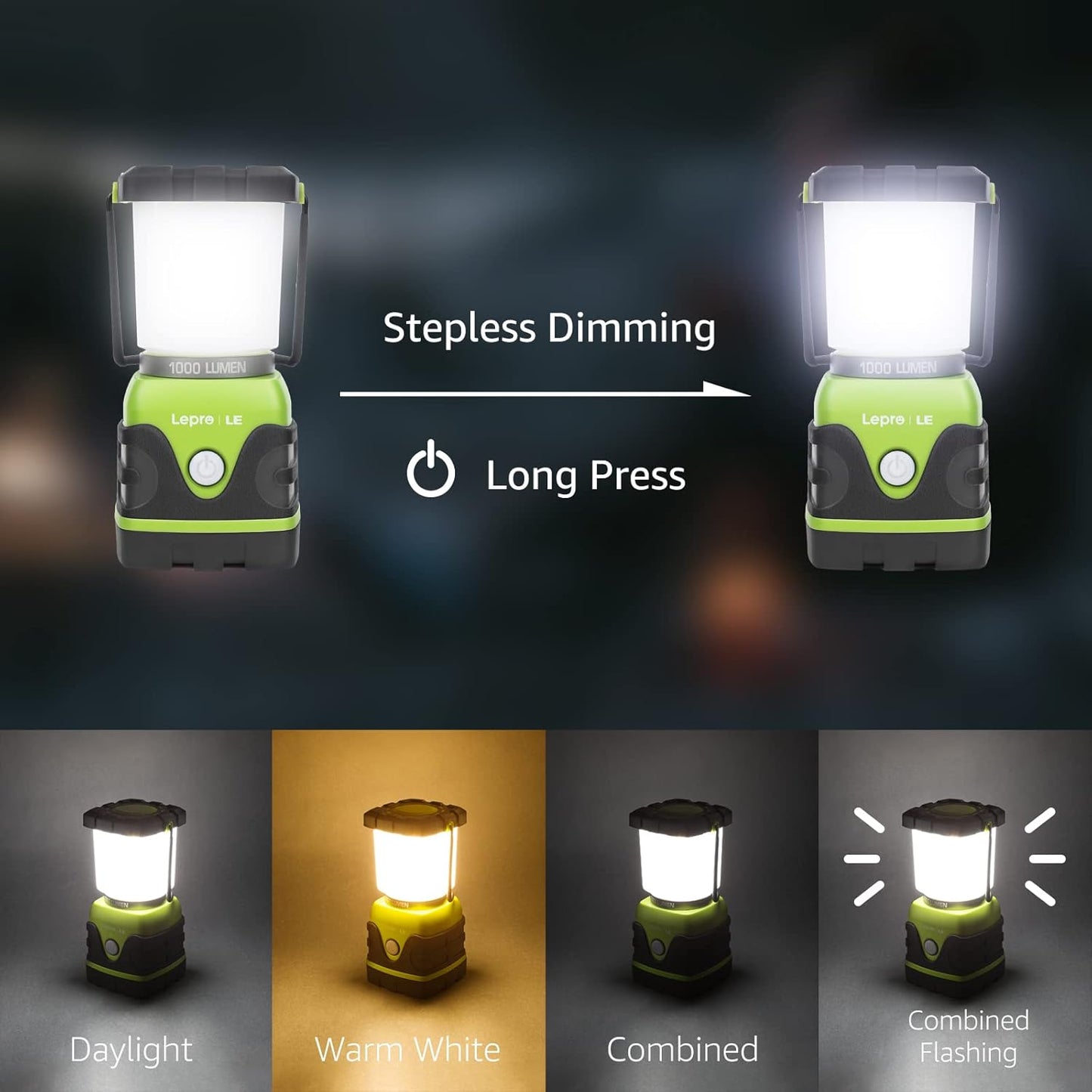 1000LM Battery Powered LED Camping Lantern with 4 Light Modes, Green | Tent Light, Camping Essentials, Waterproof Lantern Flashlight for Camping, Emergency Light, Power Outages, Not Rechargeable