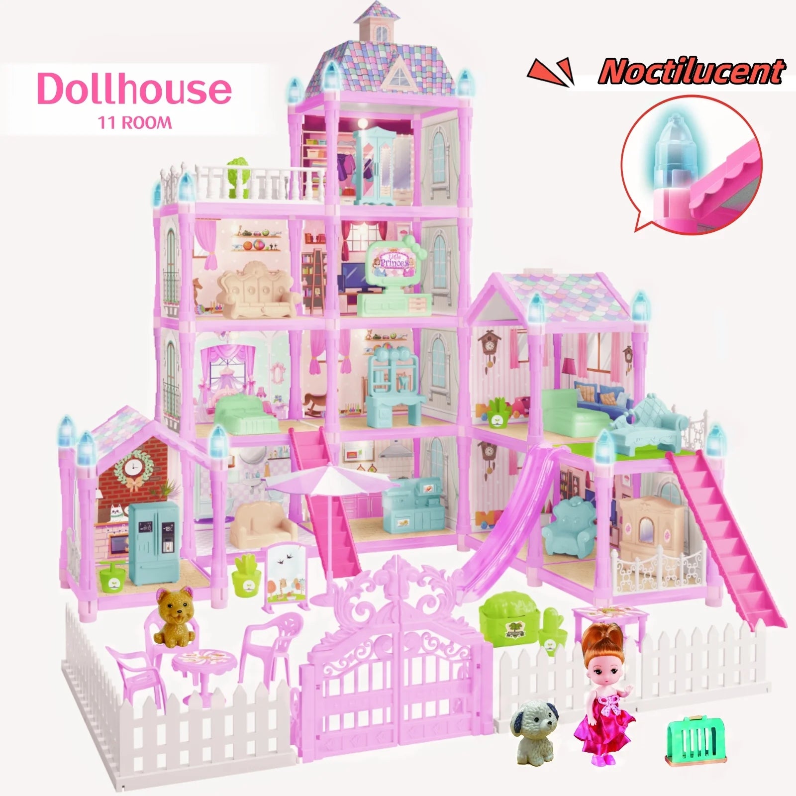 275 Pieces Dollhouse Kit, 11 Rooms DIY Playhouse for Girls Ages 3-8, Pink Castle Christmas Toy Gift for Kids