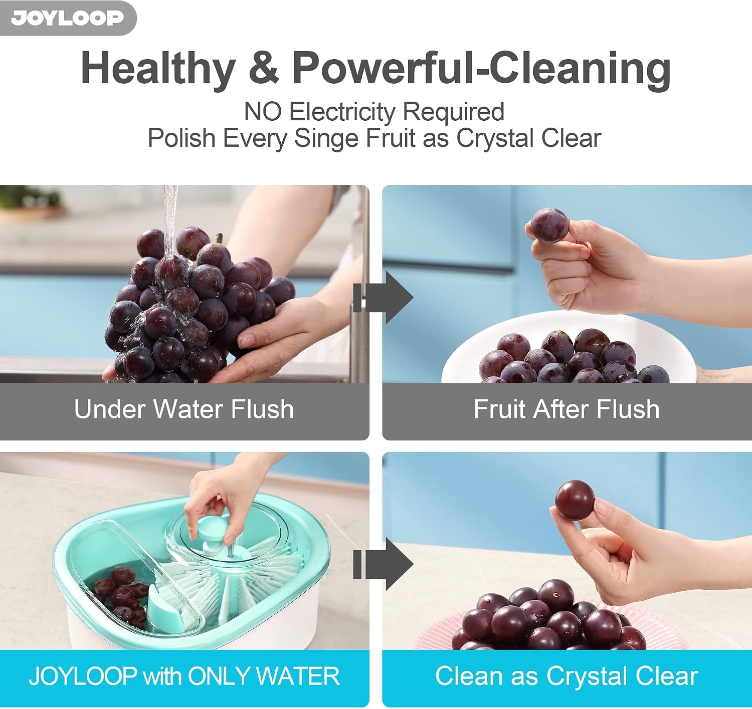 JOYLOOP Fruit Cleaner Spinner, Large Produce Rinse Bowl with Drain Basket, Vegetable Scrubber for Berries, Grapes, Salad and Vegetables