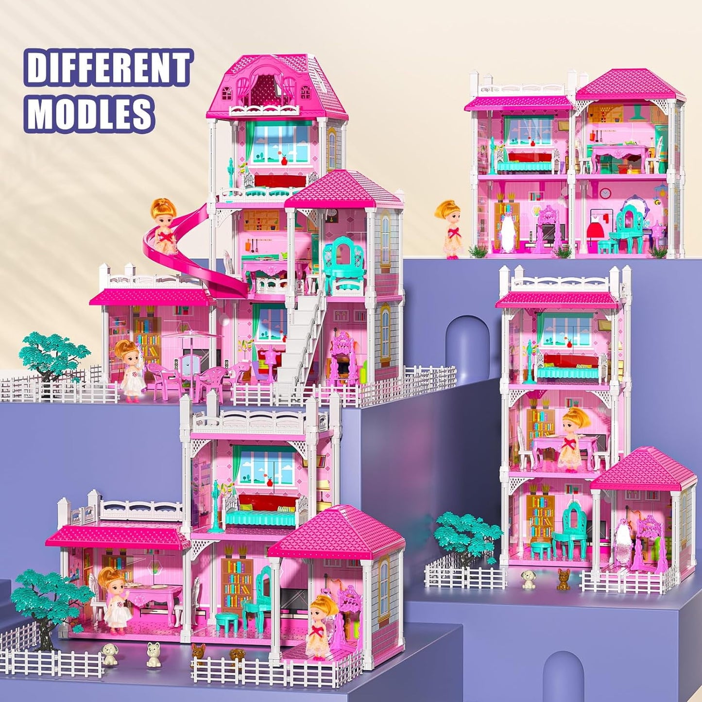 Enchanting Pink Three-Story Dollhouse Set with Slide, 2 Dolls & 4 Adorable Puppies – Perfect Gift for Girls Aged 3 to 8!
