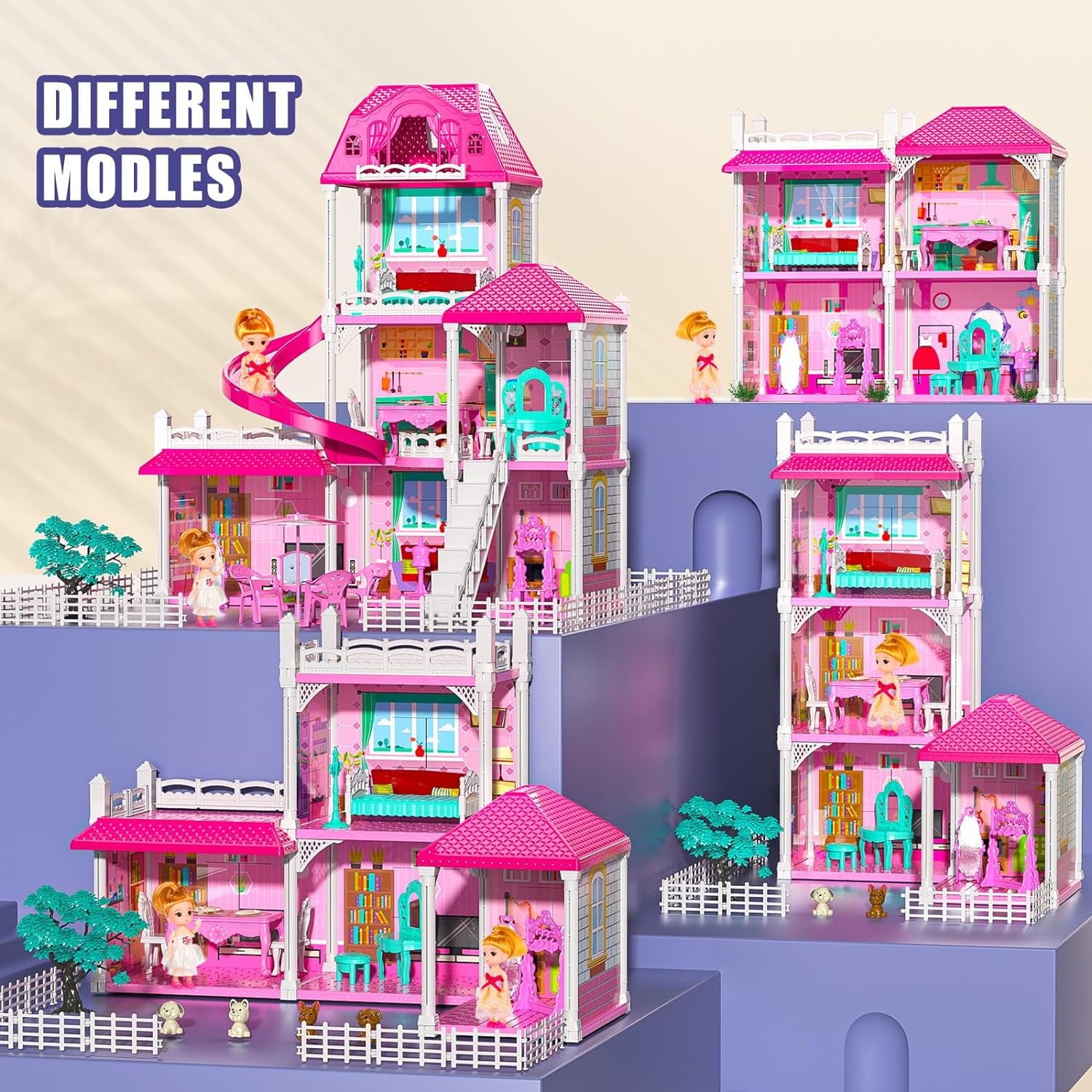 Enchanting Pink Three-Story Dollhouse Set with Slide, 2 Dolls & 4 Adorable Puppies – Perfect Gift for Girls Aged 3 to 8!