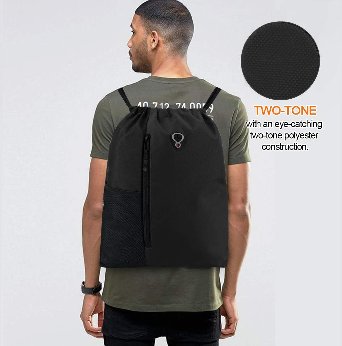 Black Drawstring Backpack Gym Bag for Men Women String Sports Backpack with Water Bottle Mesh Pockets and 2 Zippered Pocket Large Cinch Sackpack Workout Bag 16" X 20"