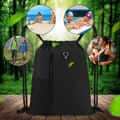 Black Drawstring Backpack Gym Bag for Men Women String Sports Backpack with Water Bottle Mesh Pockets and 2 Zippered Pocket Large Cinch Sackpack Workout Bag 16" X 20"