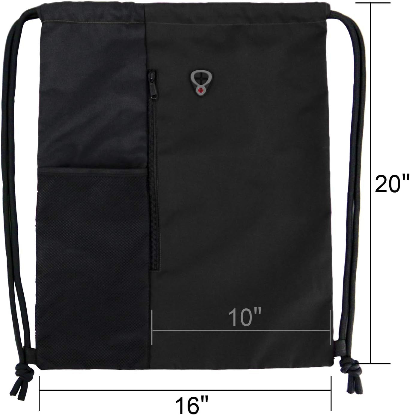 Black Drawstring Backpack Gym Bag for Men Women String Sports Backpack with Water Bottle Mesh Pockets and 2 Zippered Pocket Large Cinch Sackpack Workout Bag 16" X 20"