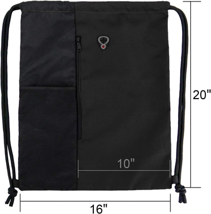 Black Drawstring Backpack Gym Bag for Men Women String Sports Backpack with Water Bottle Mesh Pockets and 2 Zippered Pocket Large Cinch Sackpack Workout Bag 16" X 20"