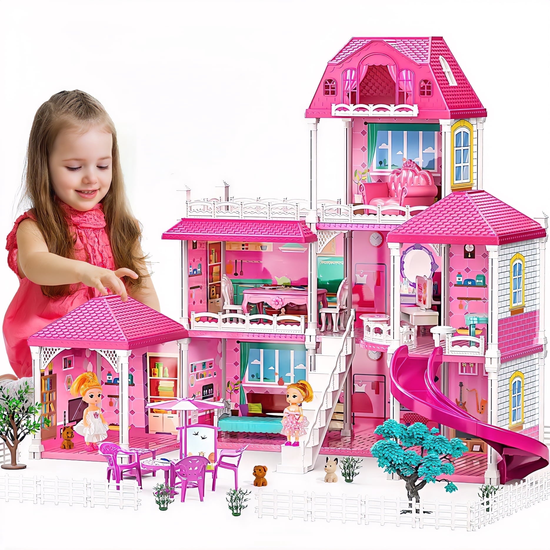 Enchanting Pink Three-Story Dollhouse Set with Slide, 2 Dolls & 4 Adorable Puppies – Perfect Gift for Girls Aged 3 to 8!