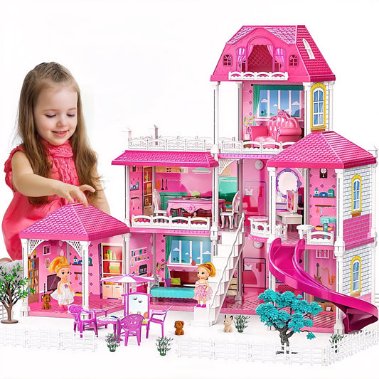 Enchanting Pink Three-Story Dollhouse Set with Slide, 2 Dolls & 4 Adorable Puppies – Perfect Gift for Girls Aged 3 to 8!