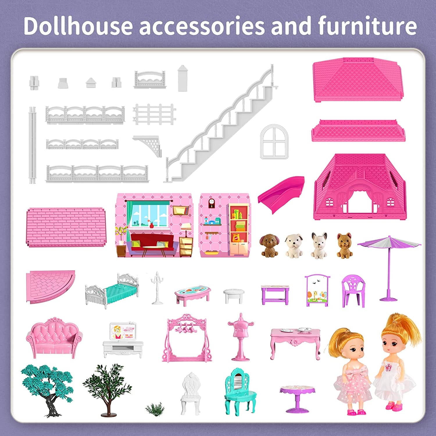 Enchanting Pink Three-Story Dollhouse Set with Slide, 2 Dolls & 4 Adorable Puppies – Perfect Gift for Girls Aged 3 to 8!