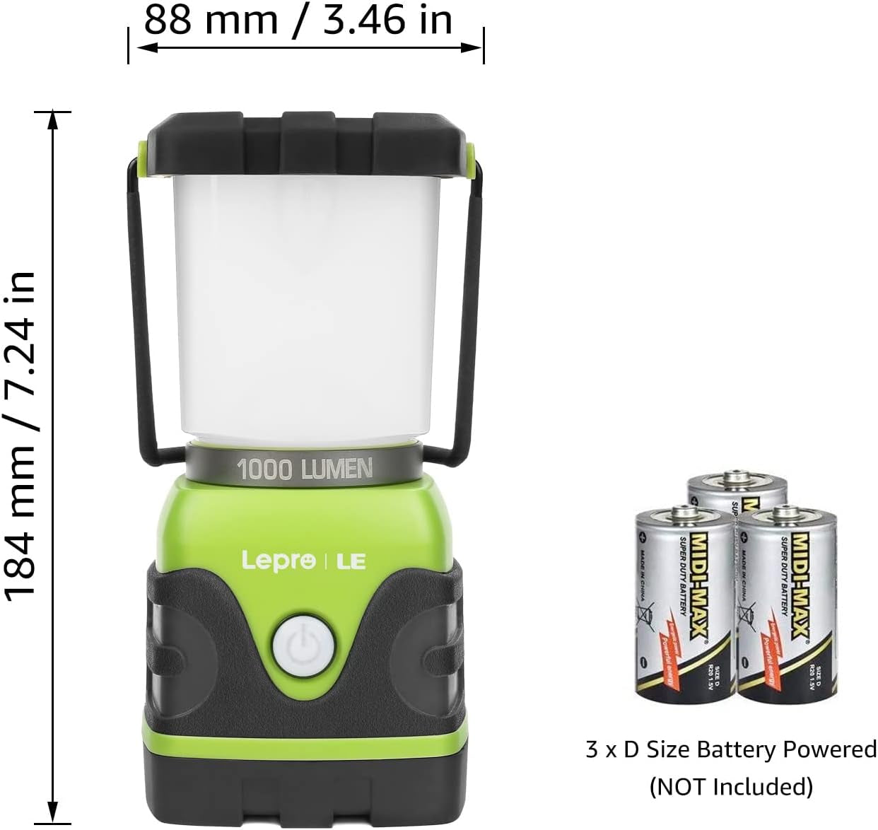 1000LM Battery Powered LED Camping Lantern with 4 Light Modes, Green | Tent Light, Camping Essentials, Waterproof Lantern Flashlight for Camping, Emergency Light, Power Outages, Not Rechargeable