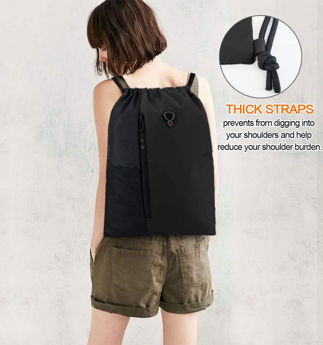 Black Drawstring Backpack Gym Bag for Men Women String Sports Backpack with Water Bottle Mesh Pockets and 2 Zippered Pocket Large Cinch Sackpack Workout Bag 16" X 20"