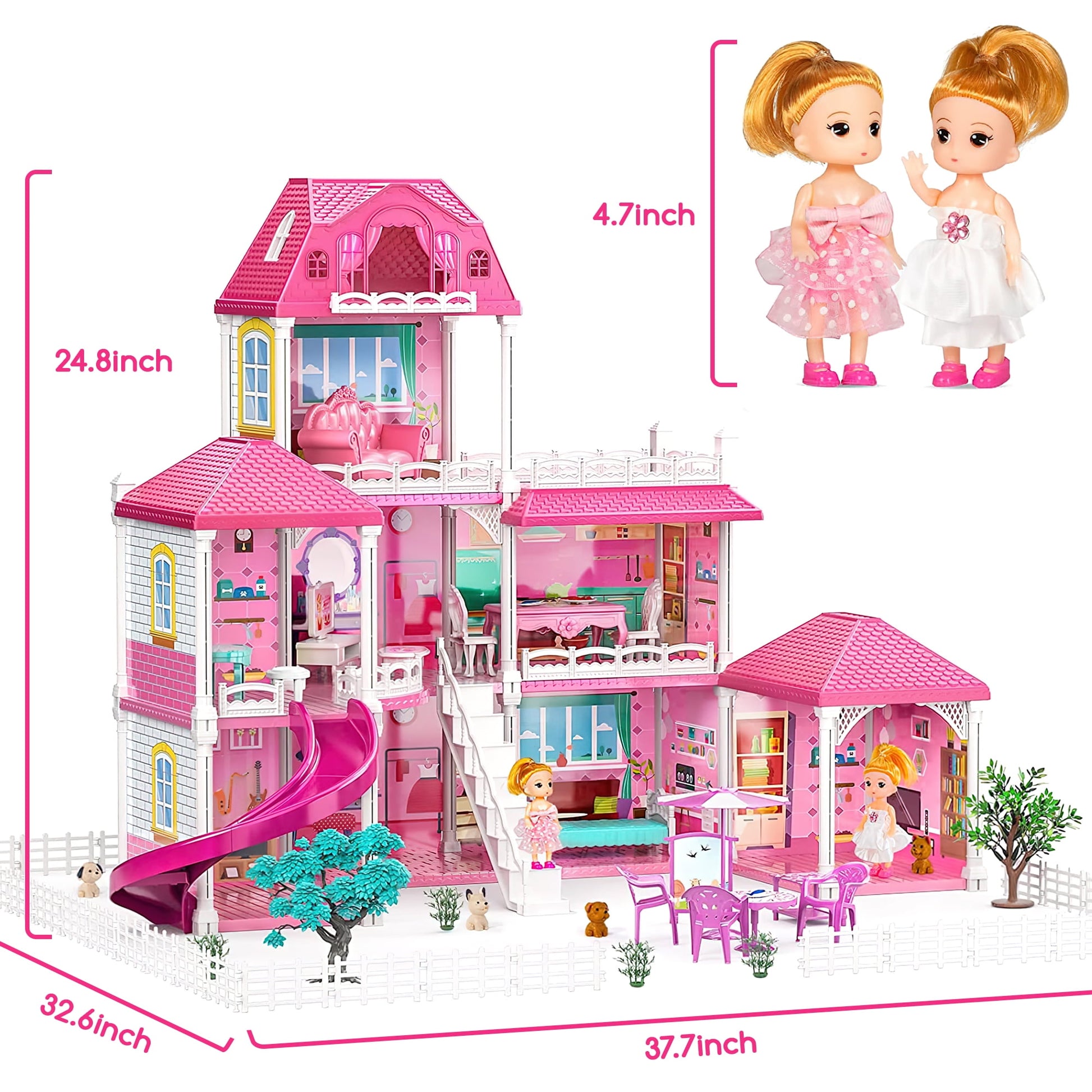 Enchanting Pink Three-Story Dollhouse Set with Slide, 2 Dolls & 4 Adorable Puppies – Perfect Gift for Girls Aged 3 to 8!
