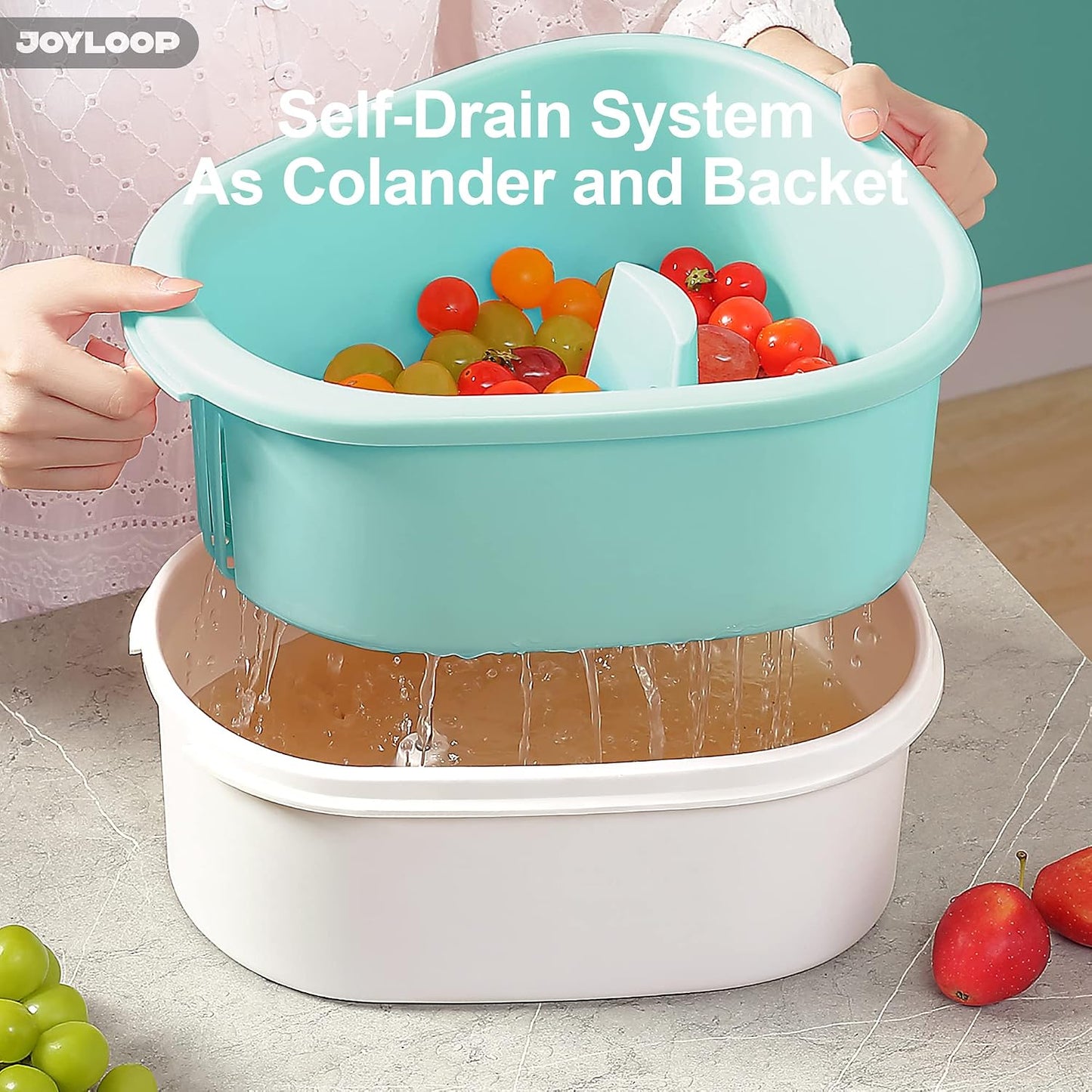JOYLOOP Fruit Cleaner Spinner, Large Produce Rinse Bowl with Drain Basket, Vegetable Scrubber for Berries, Grapes, Salad and Vegetables