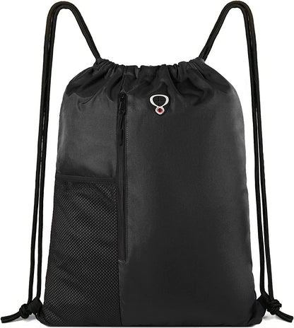 Black Drawstring Backpack Gym Bag for Men Women String Sports Backpack with Water Bottle Mesh Pockets and 2 Zippered Pocket Large Cinch Sackpack Workout Bag 16" X 20"
