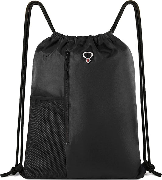 Black Drawstring Backpack Gym Bag for Men Women String Sports Backpack with Water Bottle Mesh Pockets and 2 Zippered Pocket Large Cinch Sackpack Workout Bag 16" X 20"