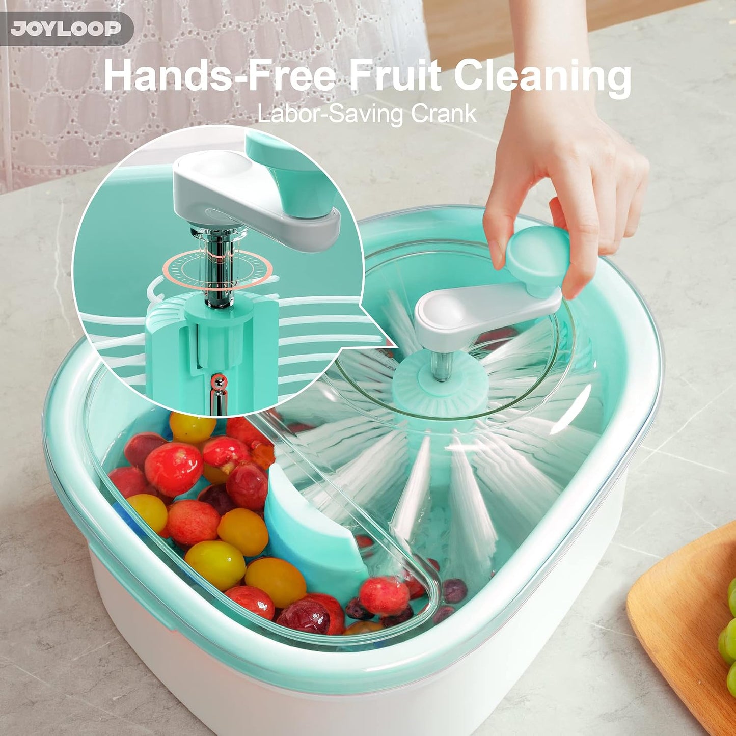 JOYLOOP Fruit Cleaner Spinner, Large Produce Rinse Bowl with Drain Basket, Vegetable Scrubber for Berries, Grapes, Salad and Vegetables
