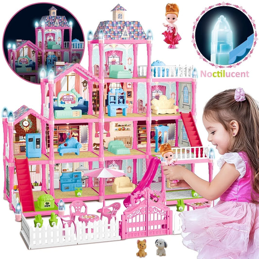 275 Pieces Dollhouse Kit, 11 Rooms DIY Playhouse for Girls Ages 3-8, Pink Castle Christmas Toy Gift for Kids