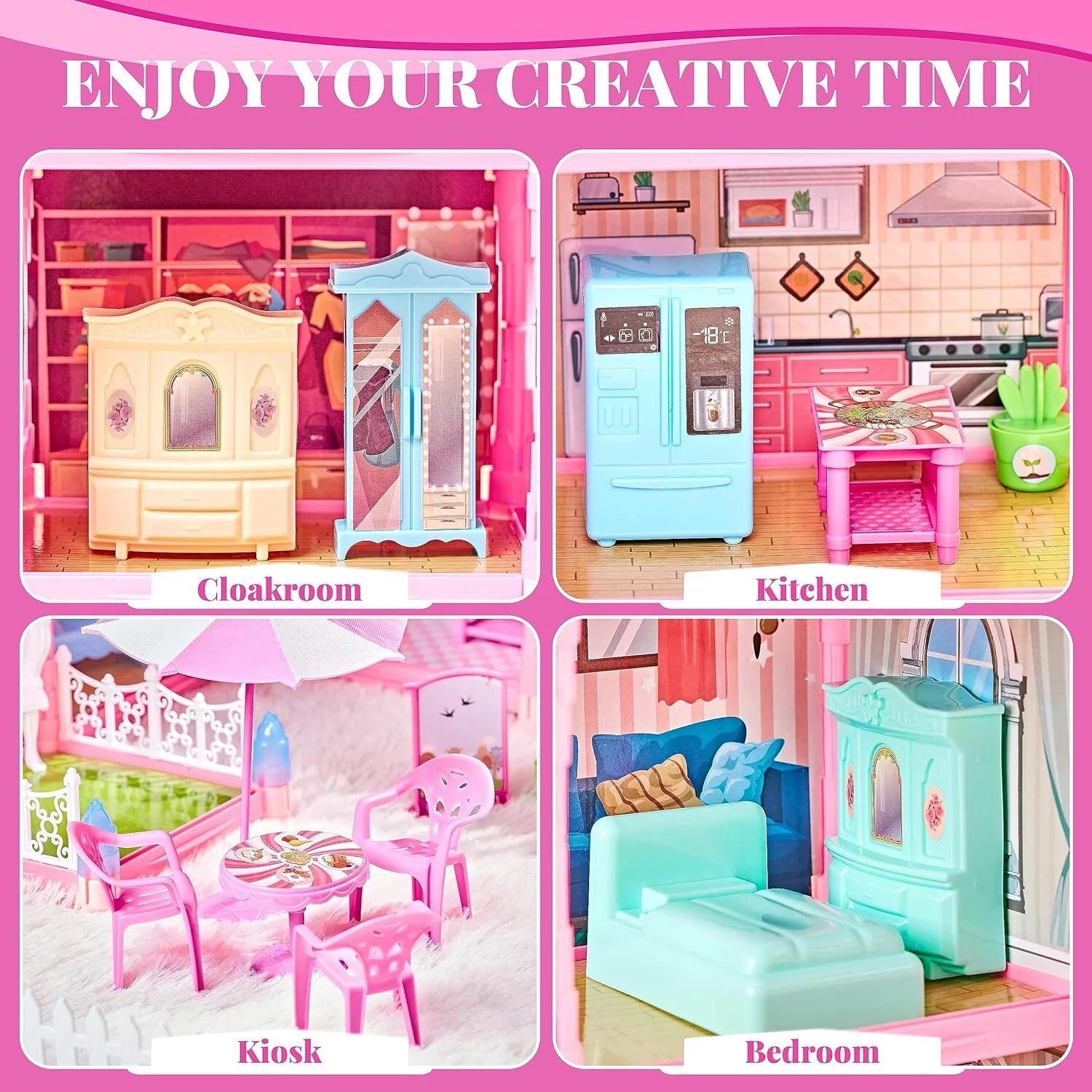 275 Pieces Dollhouse Kit, 11 Rooms DIY Playhouse for Girls Ages 3-8, Pink Castle Christmas Toy Gift for Kids