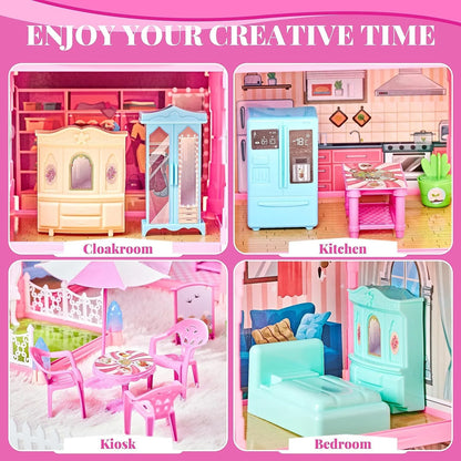 275 Pieces Dollhouse Kit, 11 Rooms DIY Playhouse for Girls Ages 3-8, Pink Castle Christmas Toy Gift for Kids