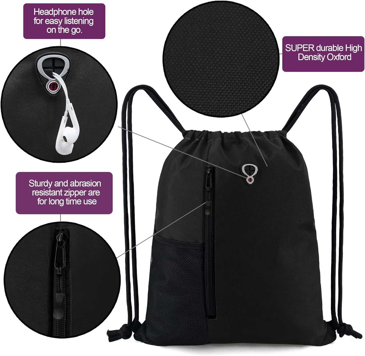 Black Drawstring Backpack Gym Bag for Men Women String Sports Backpack with Water Bottle Mesh Pockets and 2 Zippered Pocket Large Cinch Sackpack Workout Bag 16" X 20"