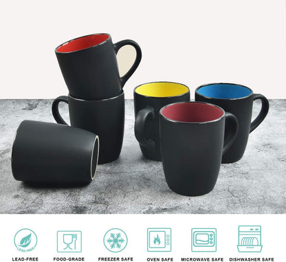 Set of 6 Modern Black Ceramic Coffee Mugs, 16 Ounce Capacity, Perfect for Home Use