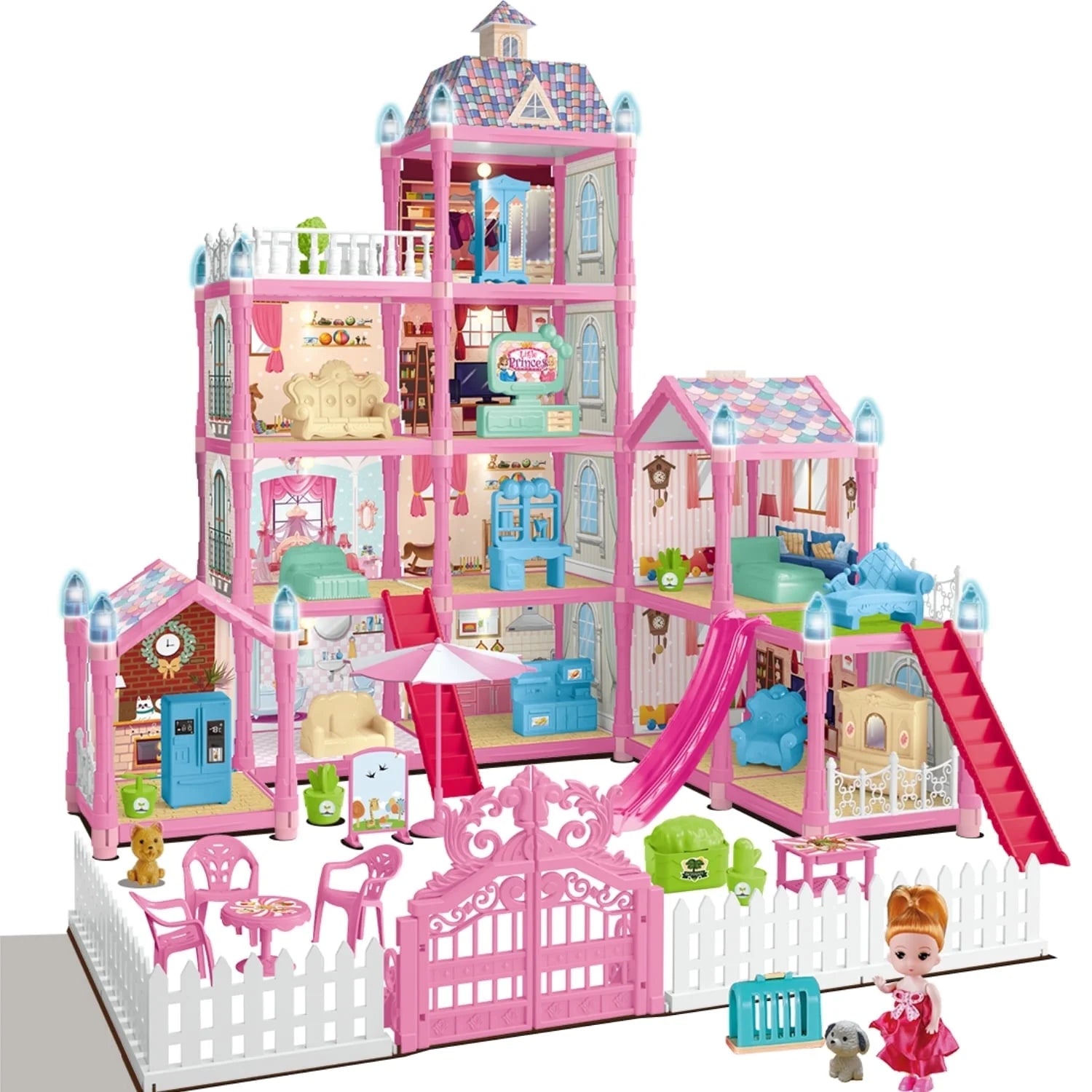 275 Pieces Dollhouse Kit, 11 Rooms DIY Playhouse for Girls Ages 3-8, Pink Castle Christmas Toy Gift for Kids